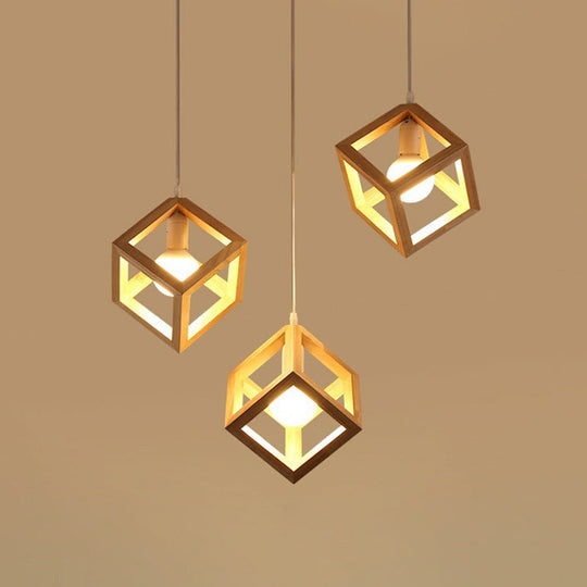 Contemporary Wood Cube Cluster Pendant Light For Dining Room: 3-Head Suspension
