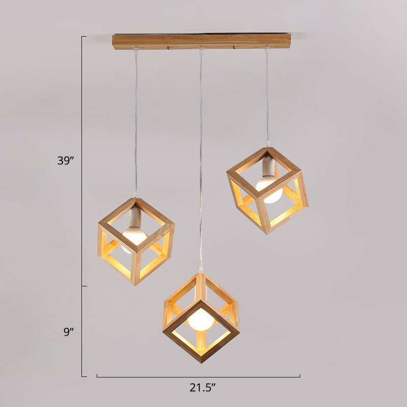 Contemporary Wood Cube Cluster Pendant Light For Dining Room: 3-Head Suspension