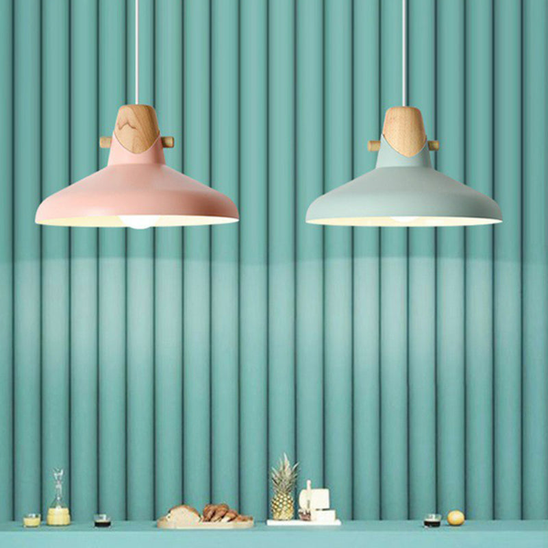 Tapered Metal Macaron Pendant Light With Wooden Decor - Restaurant Ceiling Hang Pink / 13