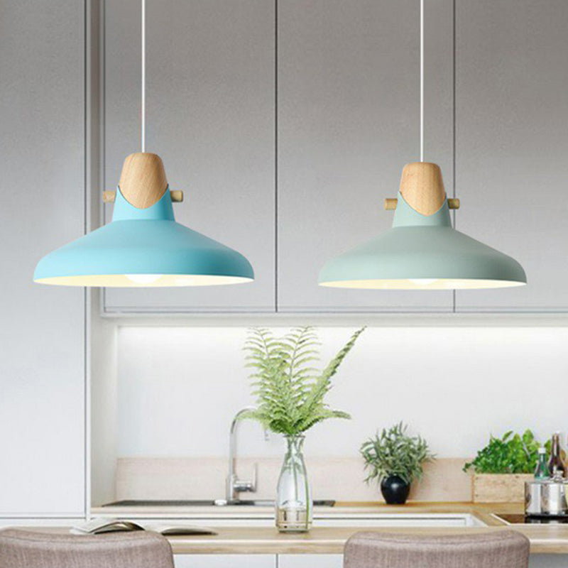 Tapered Metal Macaron Pendant Light With Wooden Decor - Restaurant Ceiling Hang Blue / 13