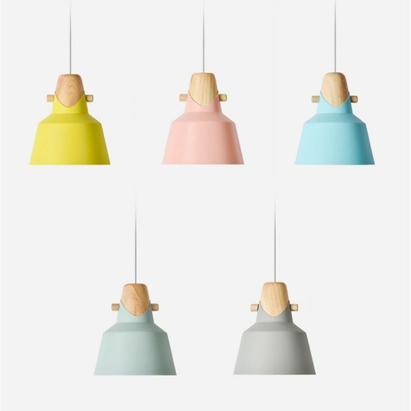 Tapered Metal Macaron Pendant Light With Wooden Decor - Restaurant Ceiling Hang Blue / 6