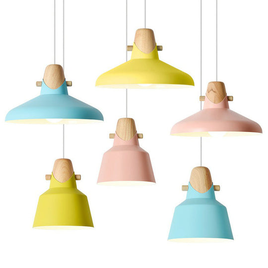Tapered Metal Macaron Pendant Light With Wooden Decor - Restaurant Ceiling Hang