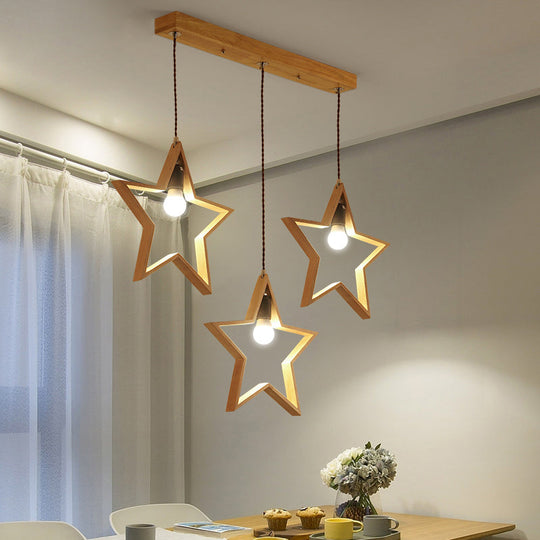 Nordic Star Wood Pendant Lighting - 3-Light Restaurant Hanging Fixture