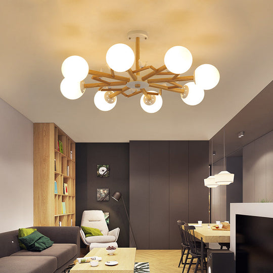 Wooden Nordic Ball Chandelier: Cream Glass Living Room Hanging Light With Bird Decor