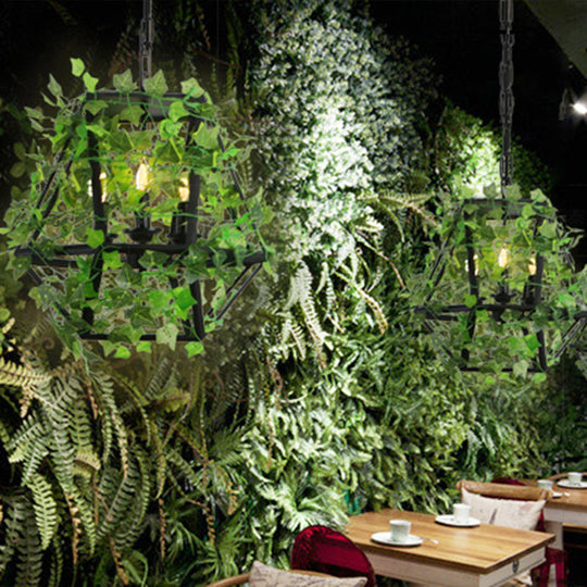 Industrial Green Iron Ceiling Chandelier With 3-Lights Fake Plant And Cage - Restaurant Pendant Lamp
