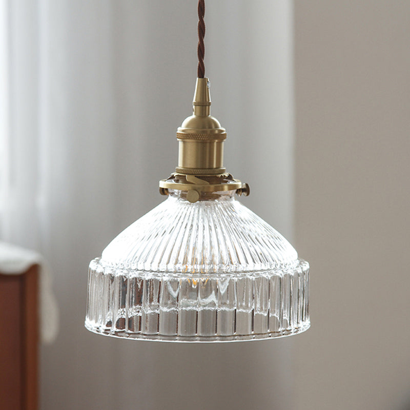 Minimalist Ribbed Glass Pendant Light Barn Shaped Brass Suspension