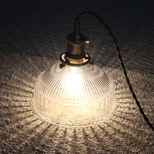 Minimalist Ribbed Glass Pendant Light Barn Shaped Brass Suspension