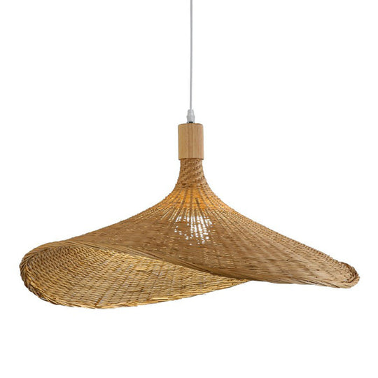 Asian Bamboo Pendant Light With Hat Design - 1-Light Wood Hanging Lamp For Tearoom