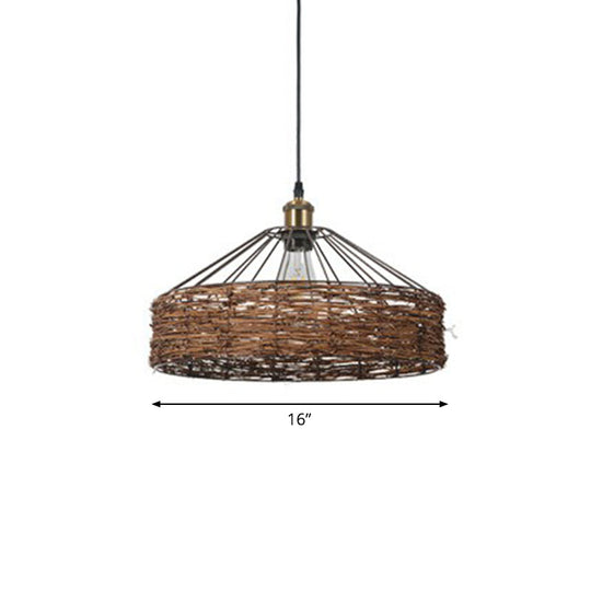 Country Style Hanging Rattan Barn Pendant Light - Brown 1 Bulb Ideal For Dining Room / 16