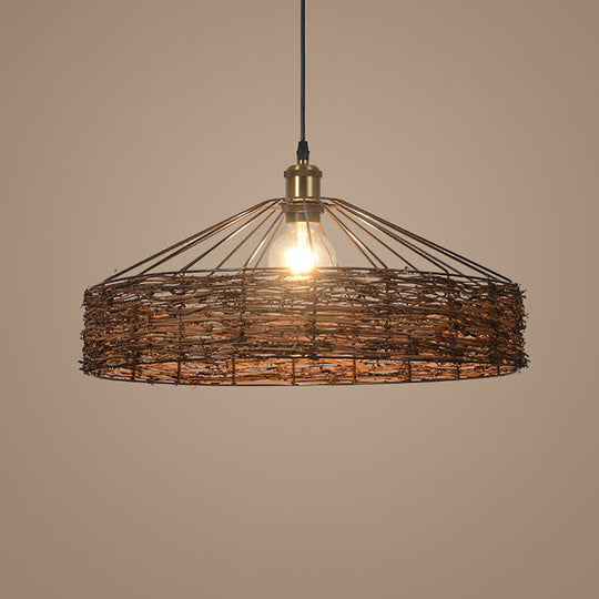 Country Style Rattan Barn Hanging Light Pendant For Dining Room - Brown Finish 1 Bulb