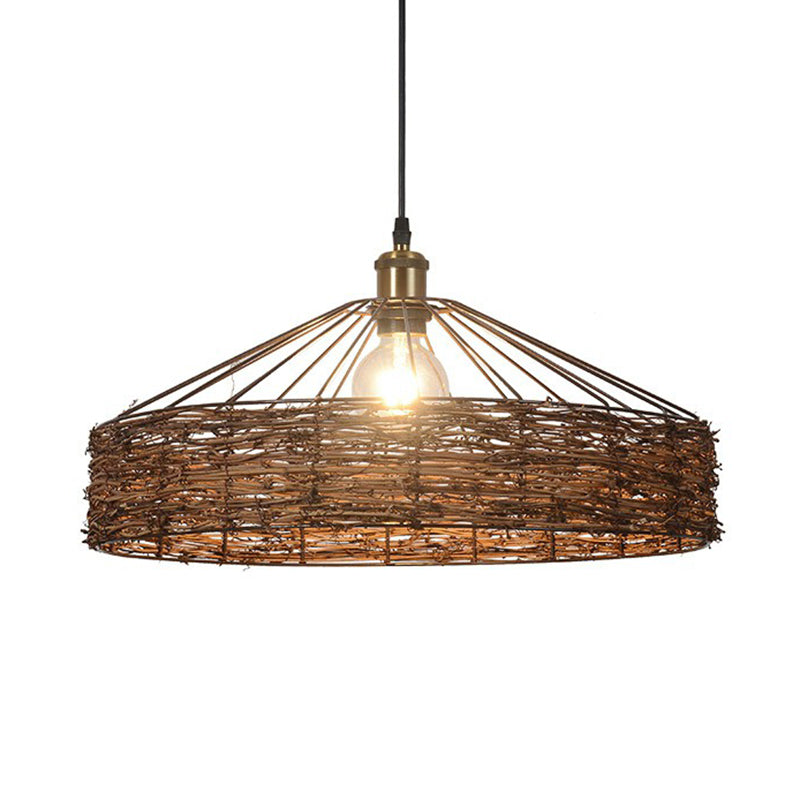 Country Style Hanging Rattan Barn Pendant Light - Brown 1 Bulb Ideal For Dining Room