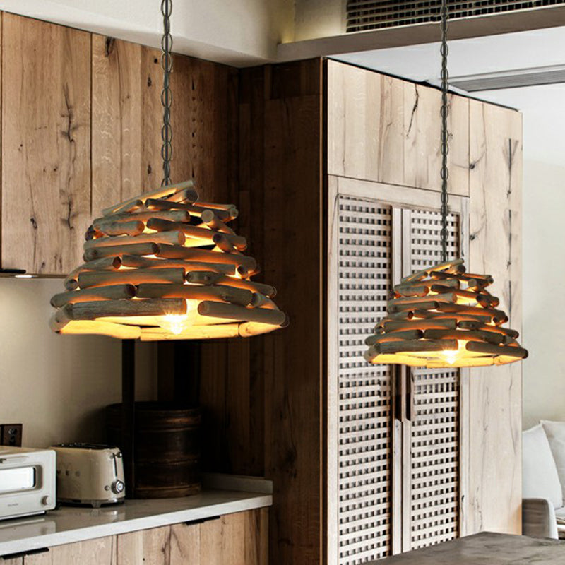 Lodge Wooden Pendant Light: Stacked Sticks Suspension Lamp For Dining Room