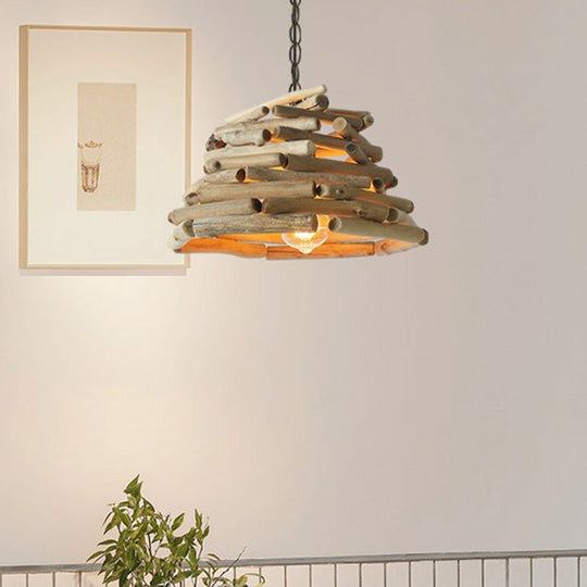 Lodge Wooden Single Pendant Light Fixture - Stacked Sticks Suspension Lamp For Dining Room