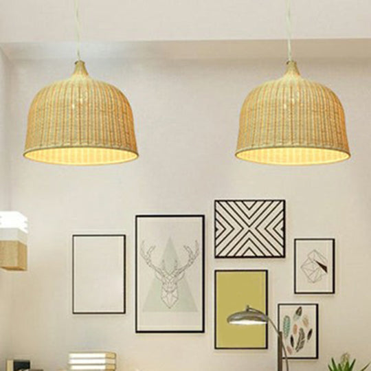 Bamboo Hanging Lamp: Modern Cloche Shape Wood Ceiling Light For Bedroom
