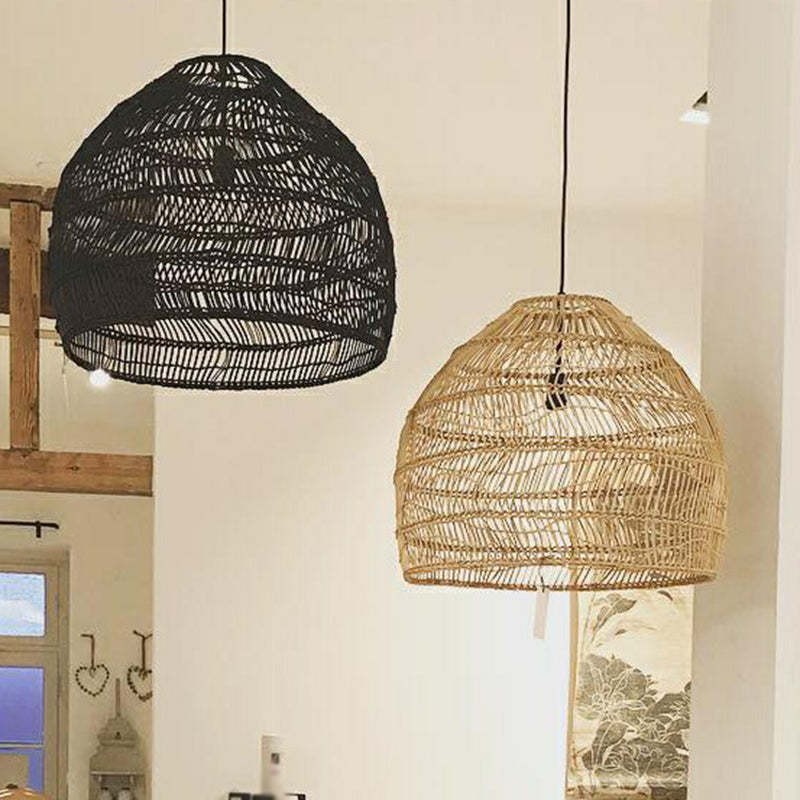 Rustic Rattan Domed Pendant Lamp - 1-Head Bedroom Ceiling Light