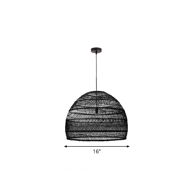 Rustic Rattan Domed Pendant Lamp - 1-Head Bedroom Ceiling Light Black / Small Round