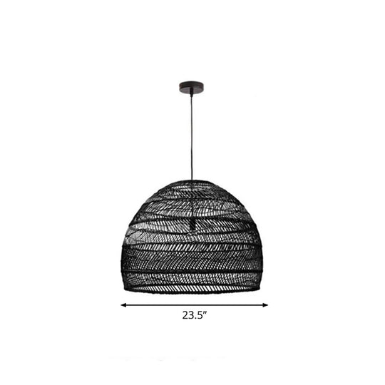 Rustic Rattan 1-Head Domed Pendant Lamp For Bedroom Ceiling Black / Large Round