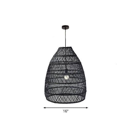 Rustic Rattan 1-Head Domed Pendant Lamp For Bedroom Ceiling Black / Small Oval