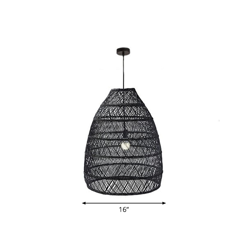 Rustic Rattan Domed Pendant Lamp - 1-Head Bedroom Ceiling Light Black / Small Oval