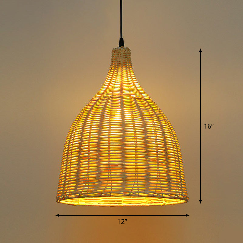 Bamboo Asian Pendant Lamp: Bell Shade Tea Room Ceiling Suspension Light – Single-Bulb Wood Design
