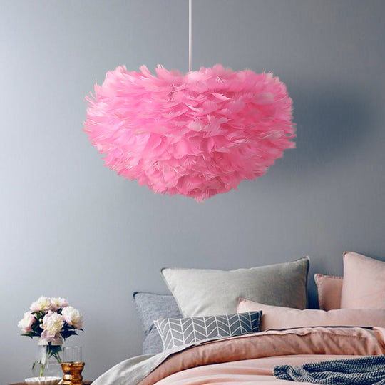 Nordic Style Bedroom Suspension Light Fixture With Feather Dome Pendant Shade