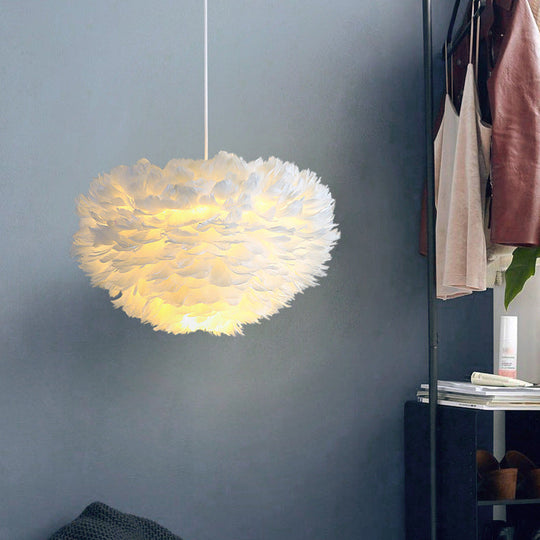 Nordic Style Bedroom Suspension Light Fixture With Feather Dome Pendant Shade
