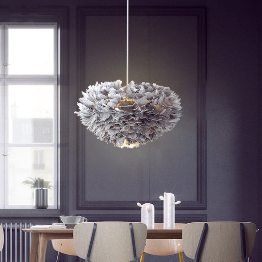 Nordic Style Bedroom Suspension Light Fixture With Feather Dome Pendant Shade