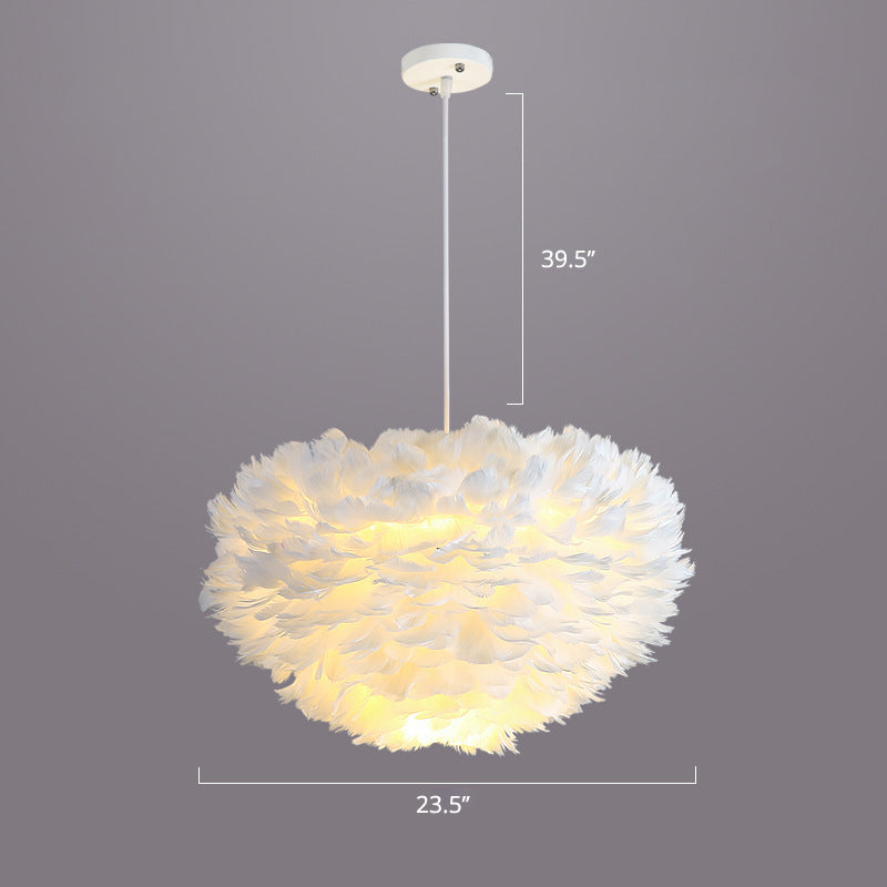 Nordic Style Bedroom Suspension Light Fixture With Feather Dome Pendant Shade White / 23.5’