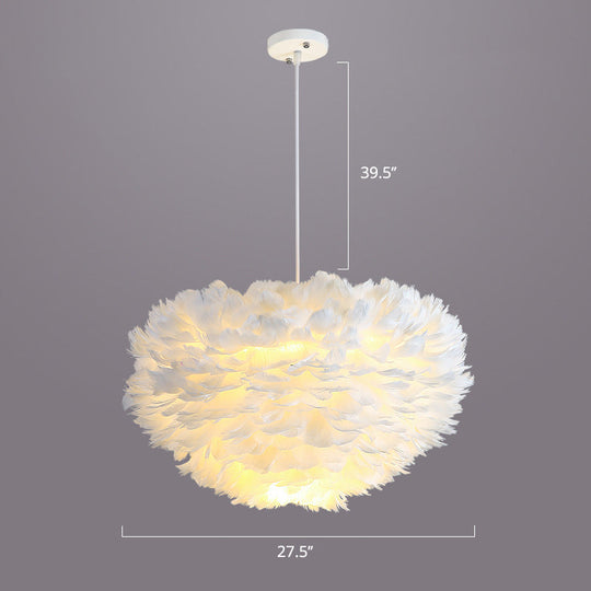 Nordic Style Bedroom Suspension Light Fixture With Feather Dome Pendant Shade White / 27.5’