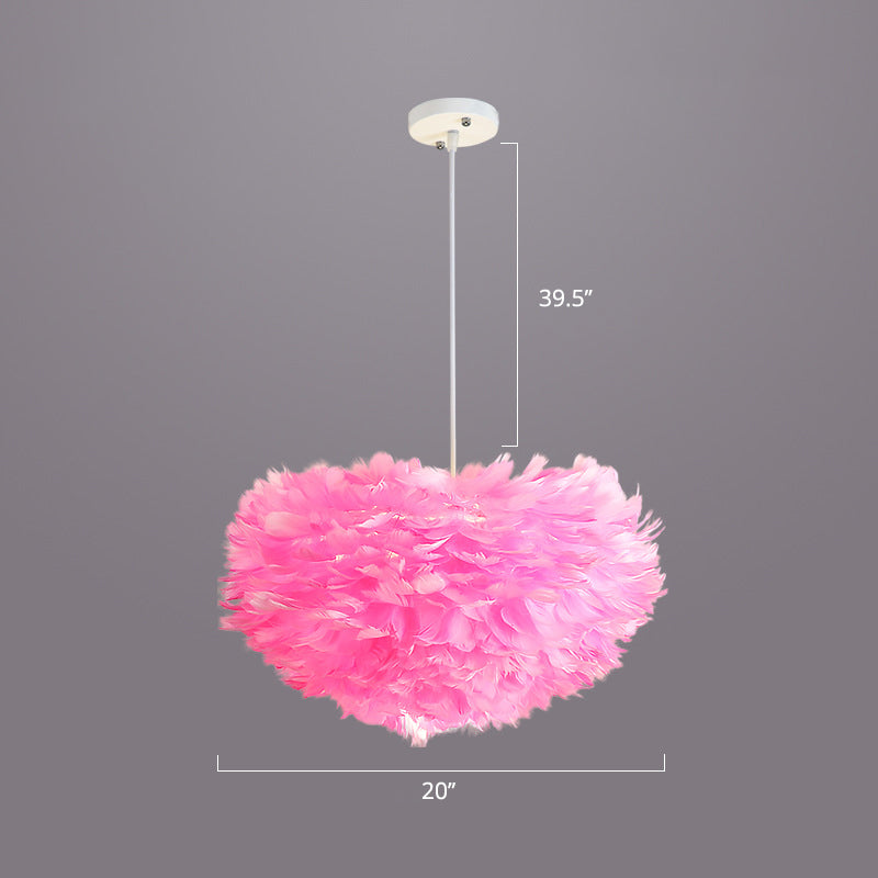 Nordic Style Bedroom Suspension Light Fixture With Feather Dome Pendant Shade Pink / 20’