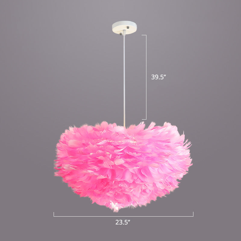 Nordic Style Bedroom Suspension Light Fixture With Feather Dome Pendant Shade Pink / 23.5’