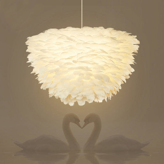 White Floral Pendant Chandelier With Feather Accent - Simple Dining Room Lighting / 13’