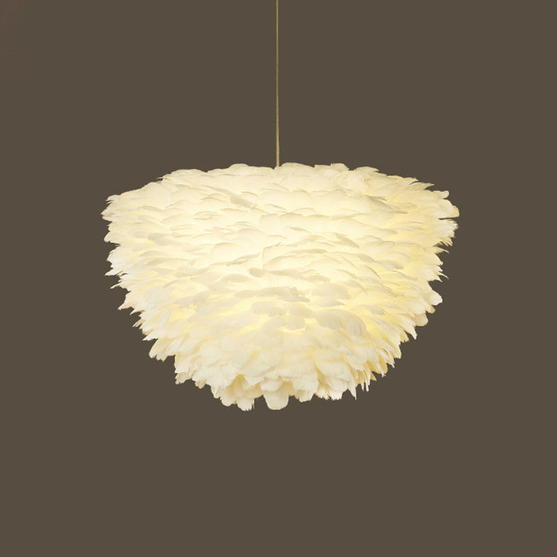 White Floral Pendant Chandelier With Feather Accent - Simple Dining Room Lighting