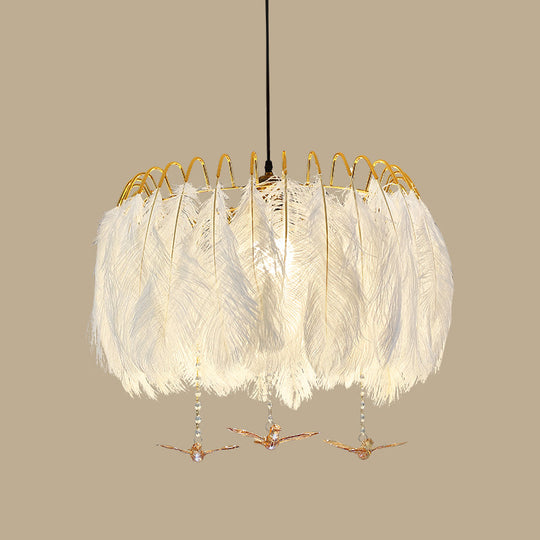 Modern White Feather Hanging Chandelier For Living Room / 23.5’ With Crystal