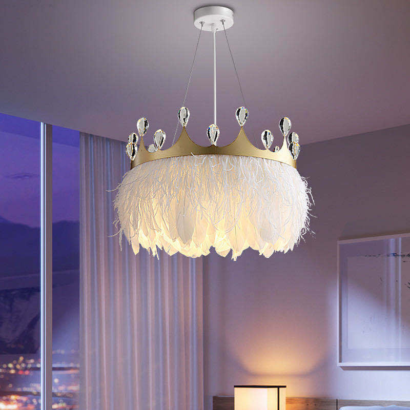 Minimalist Feather Crown Pendant Light - White Suspension With Crystal Deco