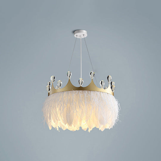 Minimalist Feather Crown Pendant Light - White Suspension With Crystal Deco / 14