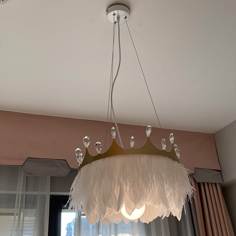 Minimalist Crown Child Room Chandelier With Crystal Accents - White Feather Lamp Pendant