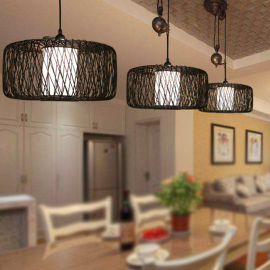 1-Light Restaurant Hanging Bamboo Drum Pendant Lamp 16’’/23.5’’ Wide Black Shade Fixture