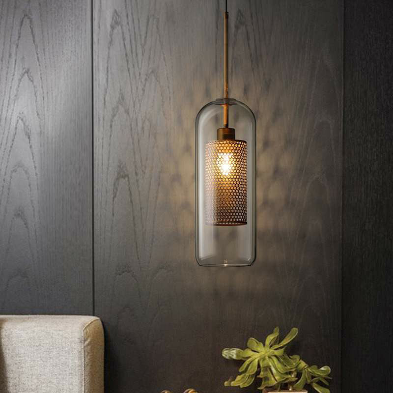 Postmodern Geometric Glass Ceiling Pendant With Brass Finish: Clear Mesh-Inside Hanging Light / 5