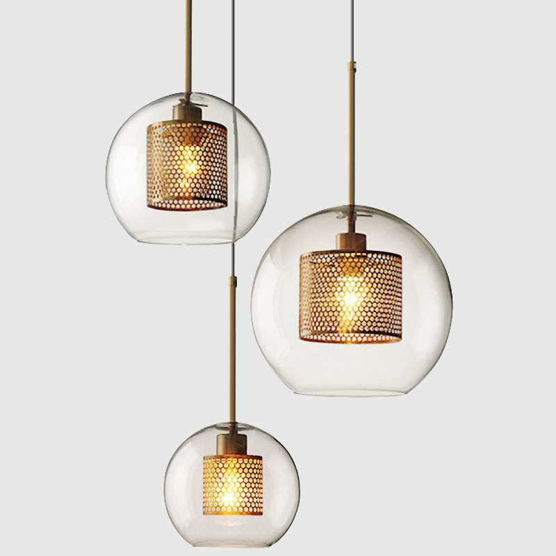 Modern Clear Glass Pendant Light With Brass Finish - Geometric Design & Mesh Inside