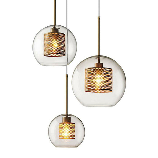 Postmodern Geometric Glass Ceiling Pendant With Brass Finish: Clear Mesh-Inside Hanging Light / 8