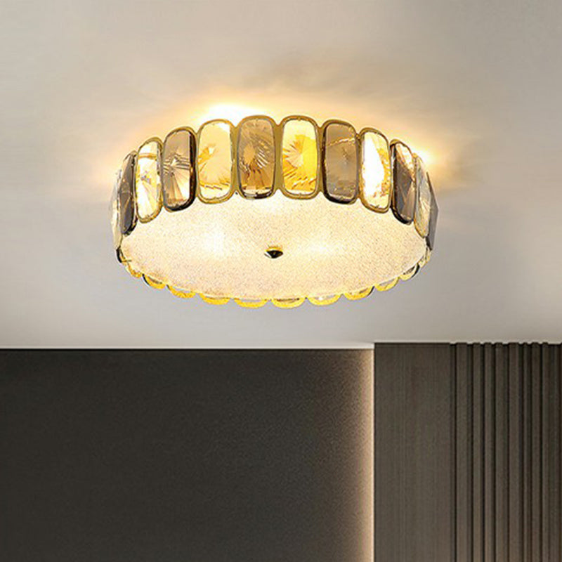 Postmodern Drum Ceiling Flush Light Fixture With Smoky And Amber Crystal Led Mount In Brass For