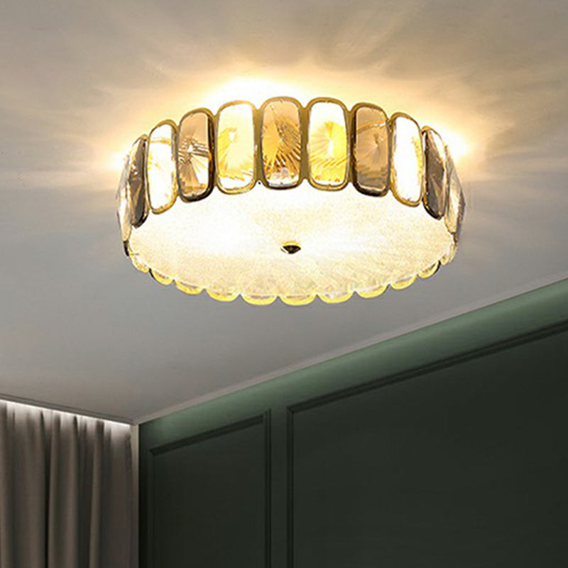 Postmodern Drum Ceiling Flush Light Fixture With Smoky And Amber Crystal Led Mount In Brass For