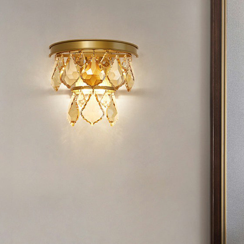 Modern Tiered Sconce Light With Cut-Crystal Accents - Sleek Bedside Wall Mount Fixture (2 Bulbs)