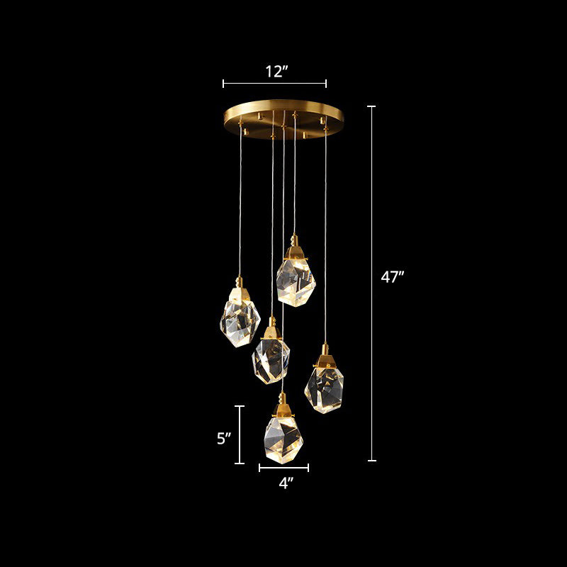 Minimalistic Brass Led Pendant Light With Crystal Gem Cluster Design For Staircases 5 /