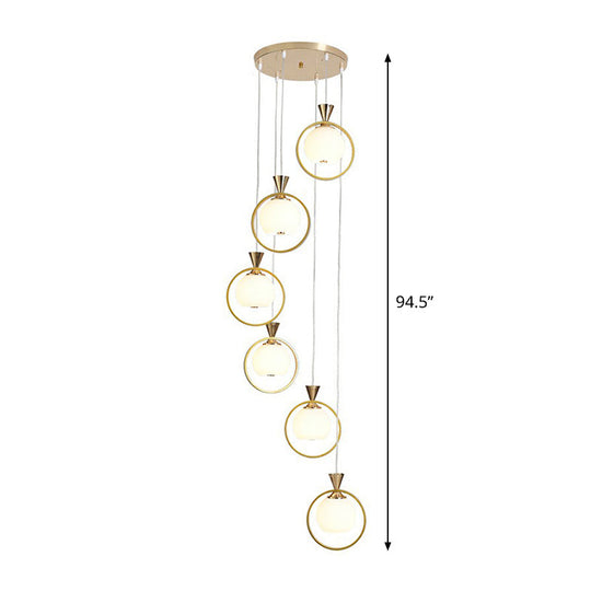 6-Light White Glass Stair Pendant With Gold Metal Loop - Ball Shaped Suspension Light