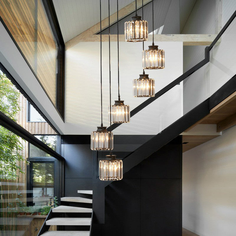 Prismatic Crystal Pendant Chandelier With Postmodern Cylindrical Design - Ideal For Stairways