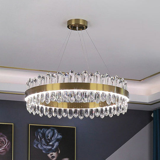 Minimalist Gold Halo Chandelier Pendant With Led Crystal Icicle - Elegant Hanging Light Fixture
