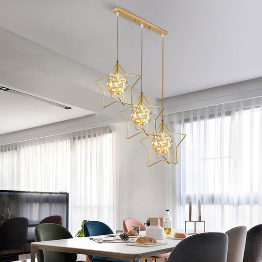 Gold Star And Ball Cluster Pendant - 3 Heads Clear Glass Led Hanging Light For Restaurants