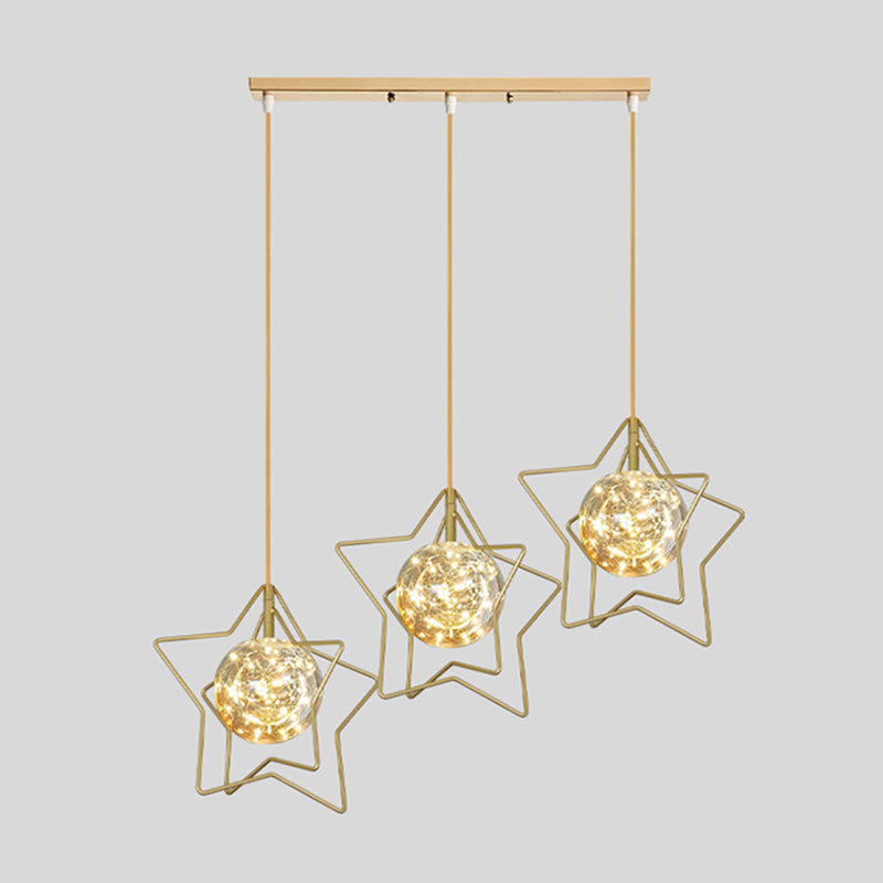Gold Star And Ball Cluster Pendant - 3 Heads Clear Glass Led Hanging Light For Restaurants